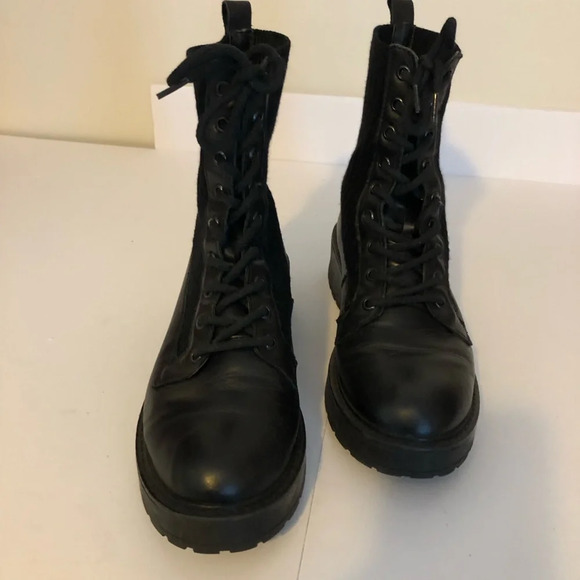 Steve Madden Black Veeta Combat Boots Women's Size 10 Leather Knit Chunky - Picture 2 of 8